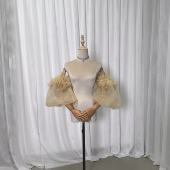 イエロー パフスリーブ ソフトチュール ストレッチ 可愛い ラッフルフリル 結婚式 前撮りの画像