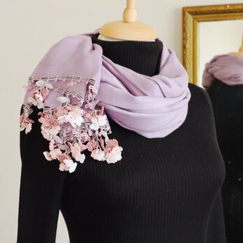 【受注制作】オヤレースの花付き パシュミナストール「風の花」アンティーク・モーブの画像