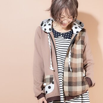 ブロックブラウンチェックmixフードパーカー♡の画像