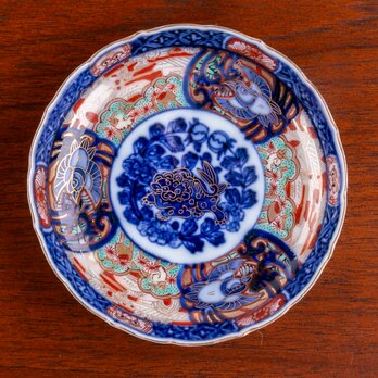 古伊万里 金襴手 千鳥唐獅子牡丹文 四寸皿 明治時代 E1281Aの画像