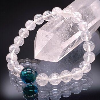 ヒマラヤ水晶・アンバー(ブルーグリーン琥珀)8mm(親玉12mm)【高品質】ブレスレットの画像