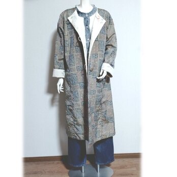 14＊大島紬 　ノーカラーコート　リバーシブル　両A面　新品大島紬　くるみ釦　花柄　正絹　シルクの画像