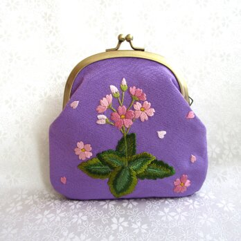 日本刺繍　サクラソウ　絹のがま口ポーチ・化粧ポーチ　　★ラベンダー×ピンクの画像