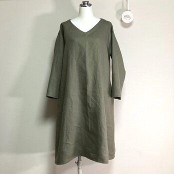 【厚手リネン】魔女ワンピ　長袖◆オリーブ◆ウィンターリネン（15番手、リネン100％）◆フリーサイズの画像