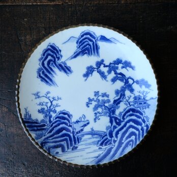 【特価¥2200→¥1100】青い山水の絵◆伊万里　印判イゲ皿　中皿　骨董/antiques 器　丁寧な暮らしに。大正~昭和初期の画像
