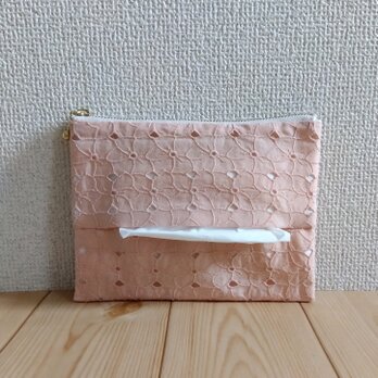 大きめティッシュポーチ　刺繍レース　フラット　16cm　内ポケット　ピーチ　　957の画像