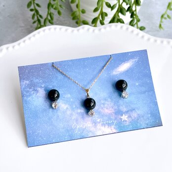 漆黒の宇宙Ⅱ✧モリオンお守りピアス＆ネックレスset（ラウンド）✧GALAXY✧プチネックレス＆ピアス✧サージカルステンレス製の画像