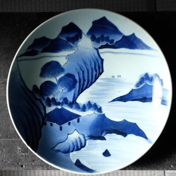 【特価¥4400→¥2200】かなり大きい◆山水風景。伊万里　染付十二寸大皿　骨董・antiques 幕末〜明治期　【アマテ】の画像