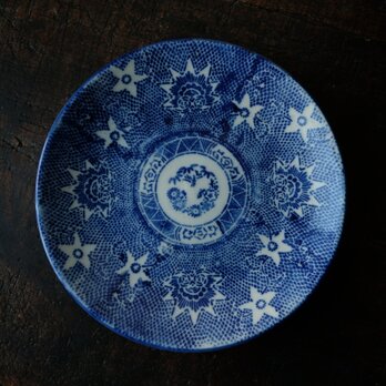 【特価¥1400→¥700】星形の花◆瀬戸焼　花文印判中皿　器　骨董/antiques　明治時代　【高台に削げ有】の画像