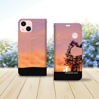 iPhone専用 手帳型スマホケース （カメラ穴あり/はめ込み式/スタンド機能付き）【ほのぼのうさぎ-Evening Moon】の画像