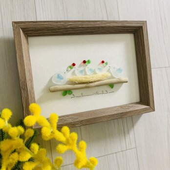 シーグラスアート 海の宝石 幸せの青い鳥の家族 子育て インテリア雑貨 置物 観葉植物  北欧ガラス細工 贈り物 プレゼントの画像