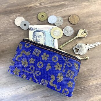 【おめでた柄】畳縁　ぺたんこ　ミニポーチ　カードケース　小銭入れ　紺　金　縁起物　へび　瑞雲の画像