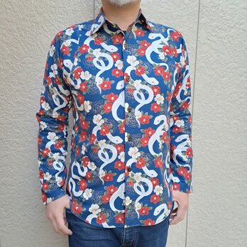 長袖和柄シャツ（白蛇と椿）の画像