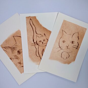 【送料無料】猫3枚ポストカード 手刷りの画像