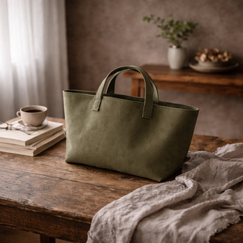 本革 ヌバック スモールフィールドバッグ／オリーブグリーン｜既製品とは少し違う、静かな緑のレザートート