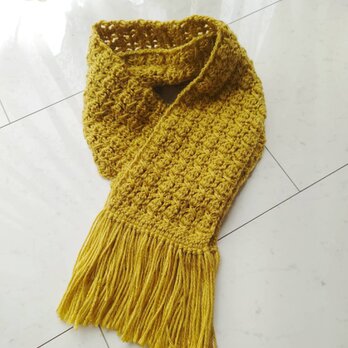 マフラー 模様編み 柄編み マスタード からし色 フリンジ 編み 手編み 編み物
