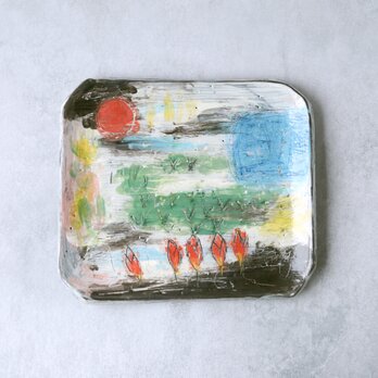絵画風の早朝の蓮池・長方形絵皿の画像