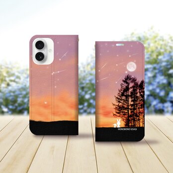帯なし iPhone 手帳型スマホケース （カメラ穴あり/はめ込みタイプ）【ほのぼのうさぎ（Evening Moon）】の画像