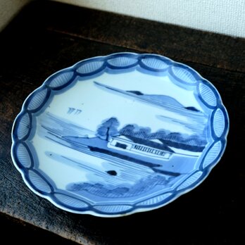 【特価¥4400→¥2800】素朴な風景の絵◆波縁で可愛い。伊万里　染付波縁大皿　蜻蛉　骨董・antiques 江戸末期の画像