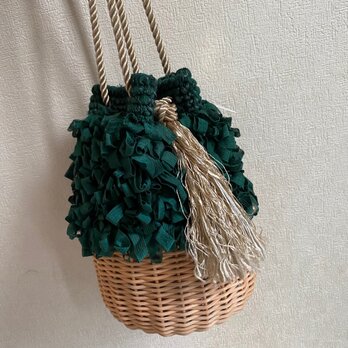 【1点在庫あり】「ダークグリーン」籐とかぎ針編みのバッグMeggBag poche /かごバッグのコピーの画像