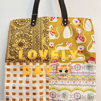 トートバッグ黄色系 Lovely Day 猫の画像