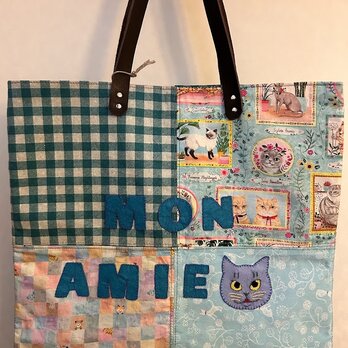 トートバッグブルー系 Mon Amie 猫の画像