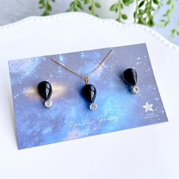 漆黒の宇宙Ⅱ✧モリオンお守りピアス＆ネックレスset（ペアシェイプ）✧GALAXY✧サージカルステンレス製の画像