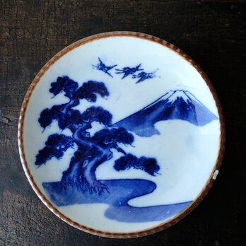 【特価¥1500→¥750】鶴と松と富士の山◆伊万里　印判イゲ皿　中皿　骨董/antiques 大正〜昭和初期【アウトレット品】の画像