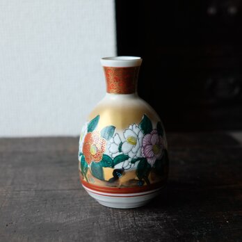 【特価¥2200→¥1100】豪快な花の絵◆九谷焼　花文色絵青粒金彩徳利　酒器　丁寧な暮らしに。工芸品　青海波の画像