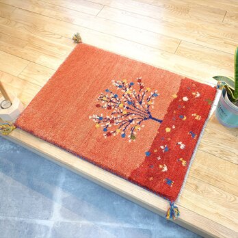 ペルシャ　ギャッベ　玄関マット　85x63cm　ザクロの木　桃色　茜色　RJ9166Gの画像