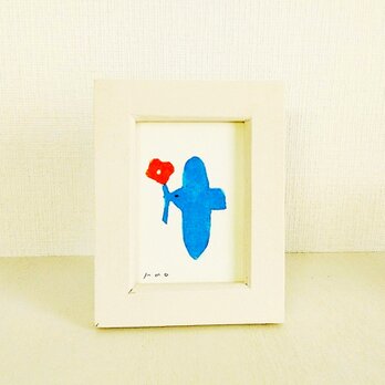 シンプルな鳥の絵画｜原画「花と鳥（青）」 ※木製ミニ額縁入りの画像