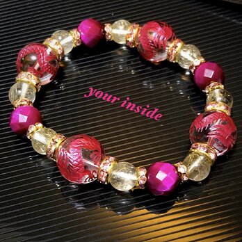ワインレッド 龍彫り水晶 ルチルクォーツ ピンクタイガーアイ 64面カット 天然石ブレスレットの画像