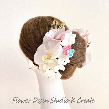 胡蝶蘭と紫陽花のヘッドドレス　ウェディング ヘアアクセサリー　造花　髪飾り　ブライダル　結婚式　二次会　披露宴の画像