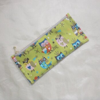 ぺたんこ長財布Slim／お洒落なフクロウ（黄緑）