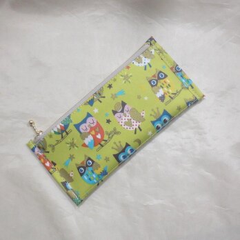 ぺたんこ長財布Slim／お洒落なフクロウ（黄緑）