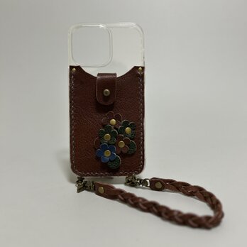 姫路レザーiPhoneケース&ストラップセット◆焦げ茶　編みタイプ　新作　iPhone14promax 一点終了商品の画像