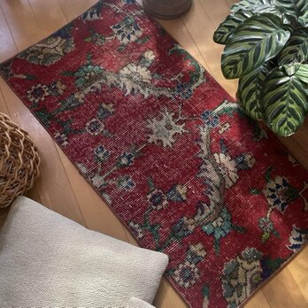 43×84 アンティークレッド　ボタニカル　トルコヴィンテージラグ