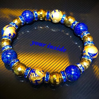 四神獣 ラピスラズリ 金色彫り 天然石ブレスレットの画像