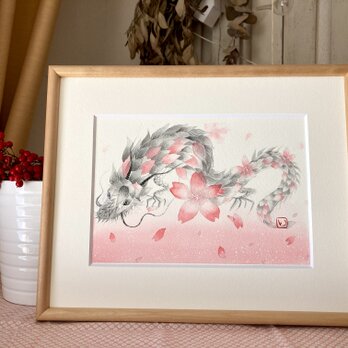 桜龍水彩色鉛筆画原画額装付きの画像