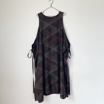 ＊アンティーク着物＊格子模様十日町紬の2wayワンピース（ゆったりサイズ）