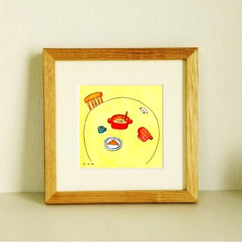 絵画「朝の食卓」原画　水彩 イラスト ※木製額縁入り(18×18㎝）文鳥の絵