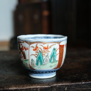 浅葱色のリーフ◆伊万里　花文錦手金彩猪口　梅　蕎麦猪口　向付　骨董　antiques 明治時代の画像
