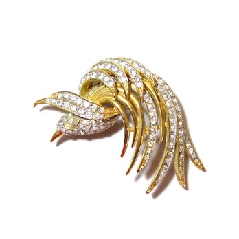 50s Vintage Rhinestone Gold Tone Bird Motif Broochの画像