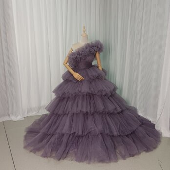 上品！カラードレス パープル 取り外しオフショルダー プリーツスカート ボリュームドレス 花嫁 披露宴の画像