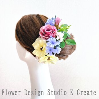 ウェディング・成人式・袴髪飾りに♡モーブピンクの薔薇とクリームイエローのお花のヘッドドレス　結婚式　ウエディング　前撮り　袴　花の画像