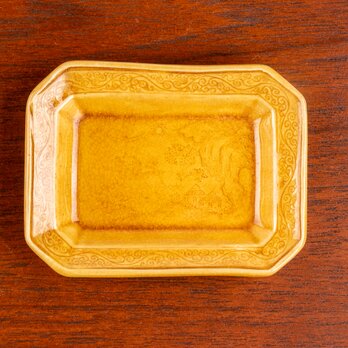 淡路民平焼 黄釉陰刻八角小皿 豆皿