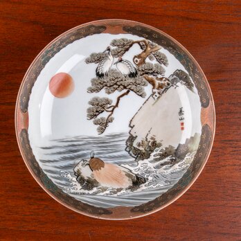 九谷焼 金襴手 唐草文鶴亀松文 五寸皿 明治時代 D510の画像