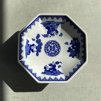 染付唐子 八角高台 19cm 八角皿の画像