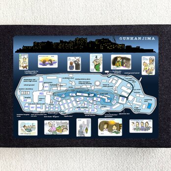 アートパネル 軍艦島の地図と生活 33cm×24cm ハンドクラフト 端島 長崎 炭鉱 インテリア ファブリックの画像