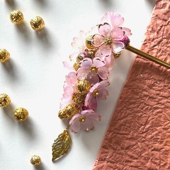 かんざし　枝垂れ桜　大花　一本挿し　一本簪　さくら　サクラ　春　ピンク　桃色　半透明　クリアの画像